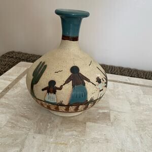 Cream and Green Ceramic Art Vase with Minimalist Design
